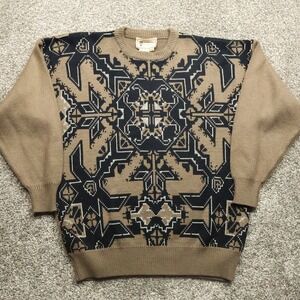 Organically Grown Acrylic Knit Sweater Small Tan Black Geometric Pattern Vintage